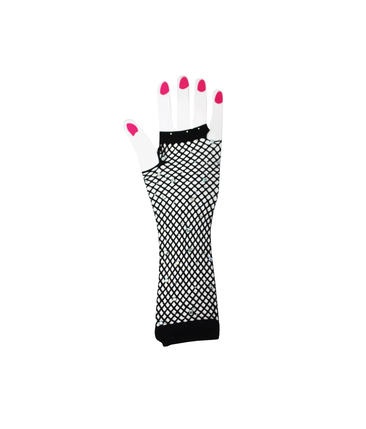 Black Fishnet Long Gloves With Crystals