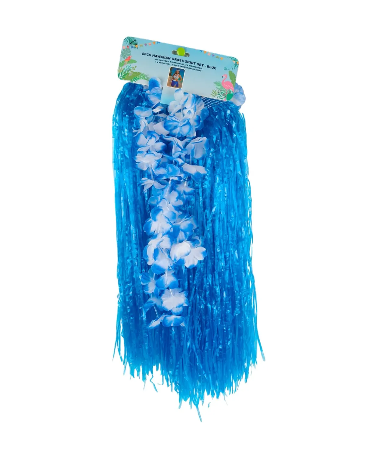 Blue Flowered Hawaiian Grass Skirt Set 5pc