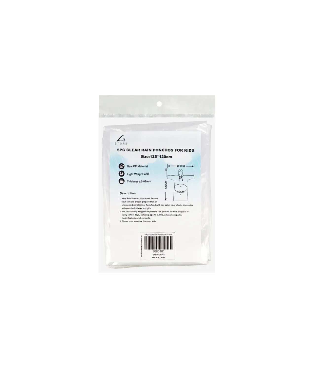 Clear Kids Rain Poncho 125cm 5pk