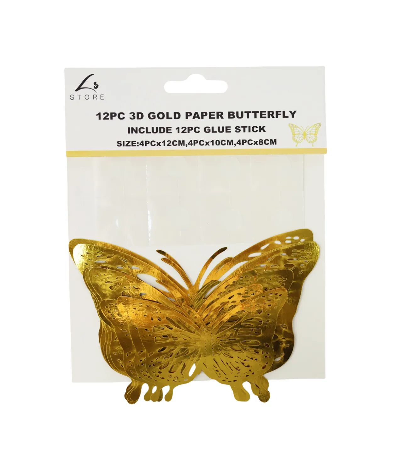 Gold 3D Paper Butterfly with Glue 12pc