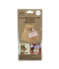 Gunny Cutlery Bags With Lace 11x21cm 3pc