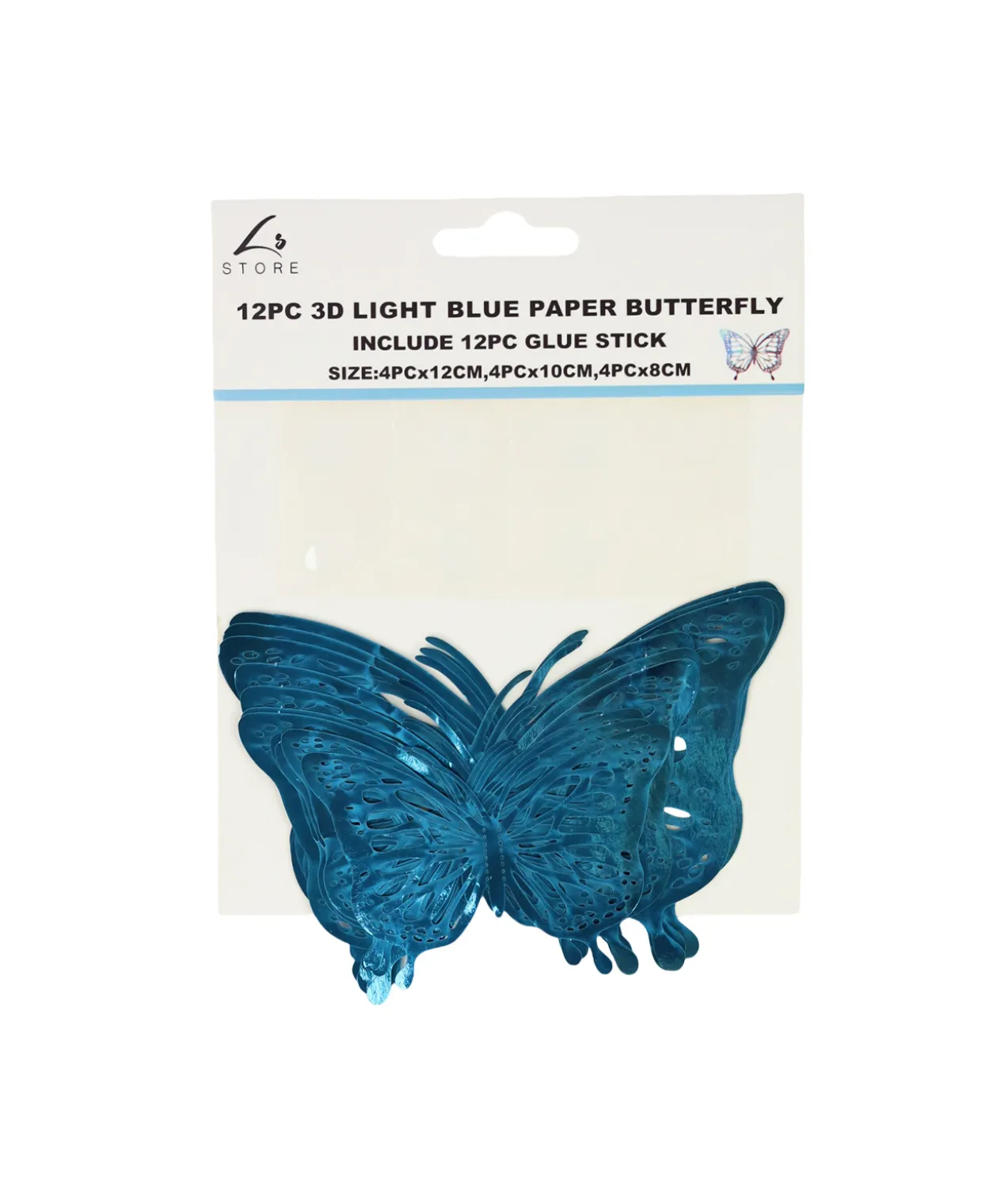 Light Blue 3D Paper Butterfly with Glue 12pc