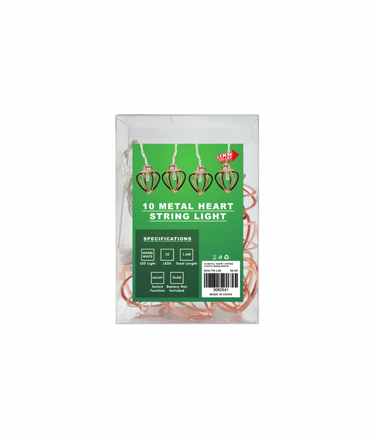 Metal Heart Warm White String Lights 10 LED