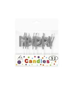 Metallic Happy Birthday Silver Candle Set