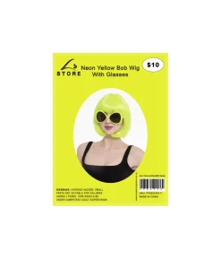 Neon Yellow Bob Wig With Glasses Set