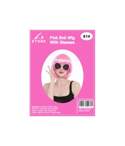 Pink Bob Wig With Glasses Set