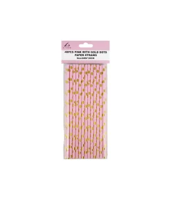 Pink With Gold Dots Paper Straws 40pk