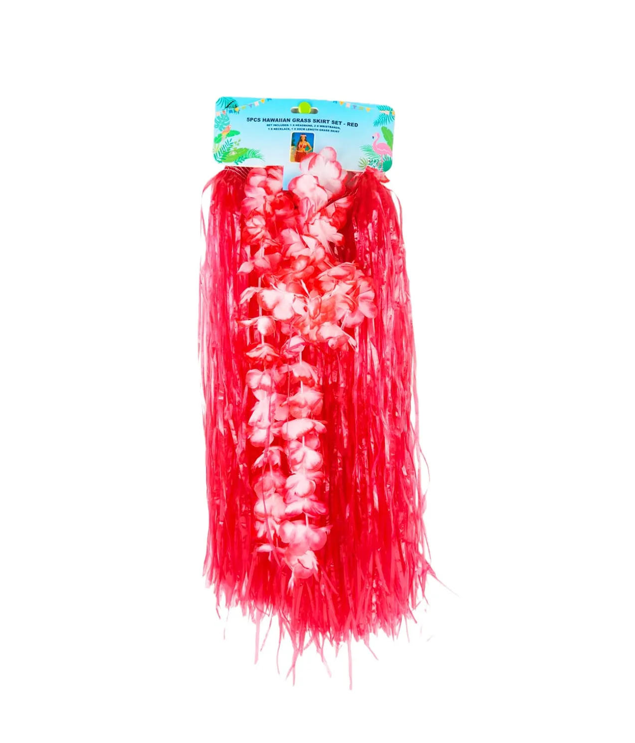 Red Flowered Hawaiian Grass Skirt Set 5pc