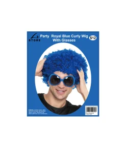 Royal Blue Curly Wig With Glasses Party Set