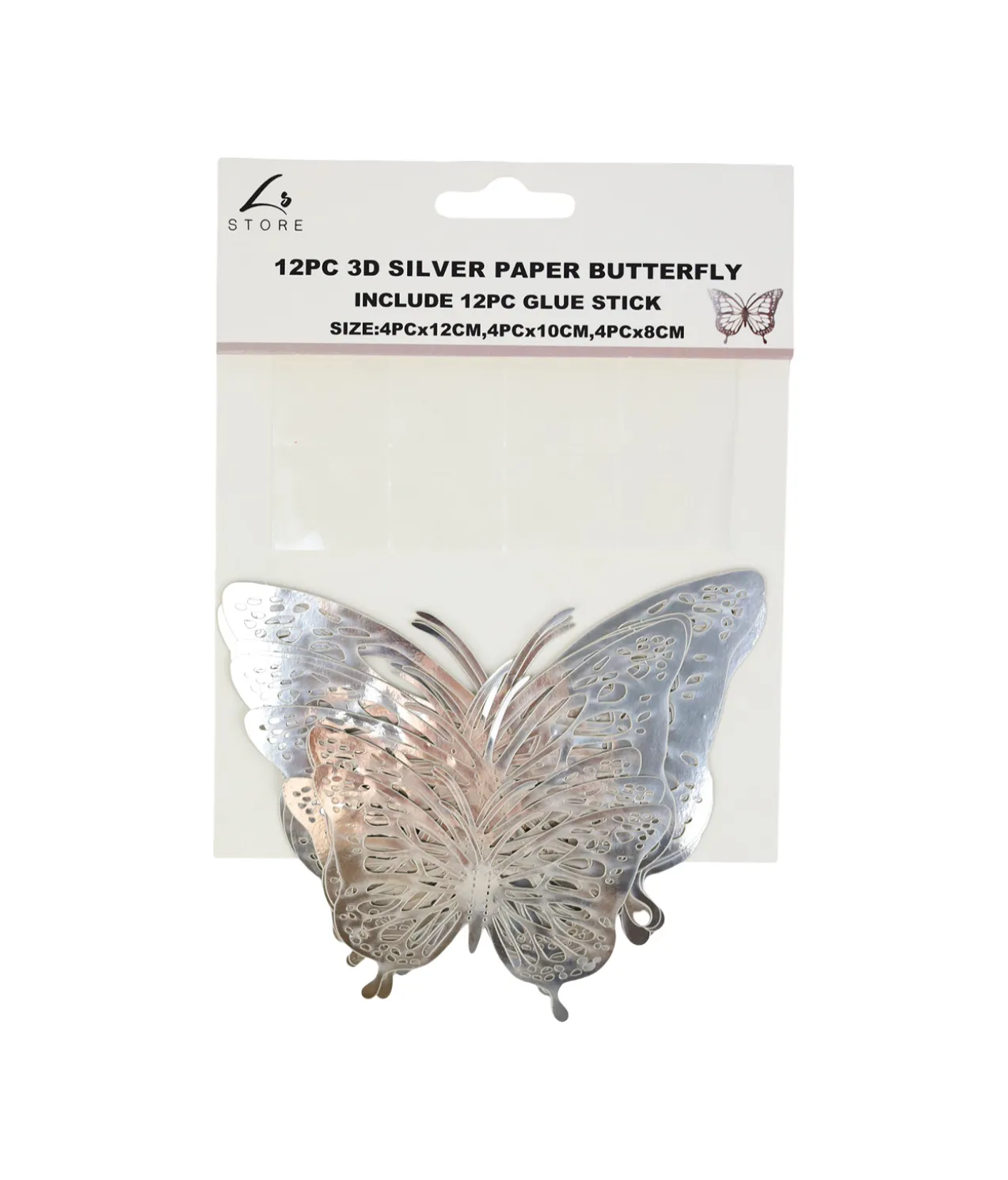 Silver 3D Paper Bufferfly with Glue 12pc
