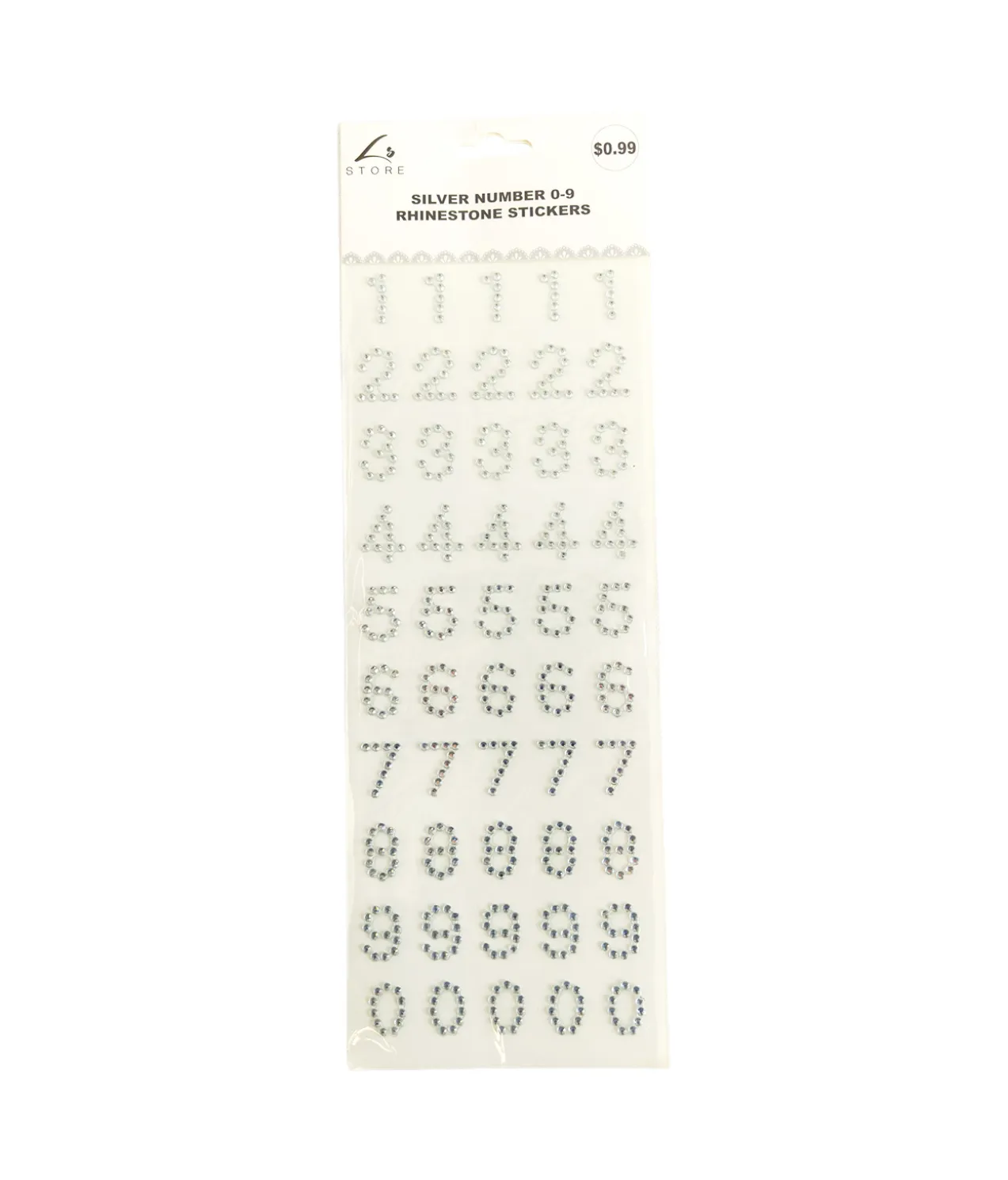 Silver Number 0-9 Rhinestone Stickers