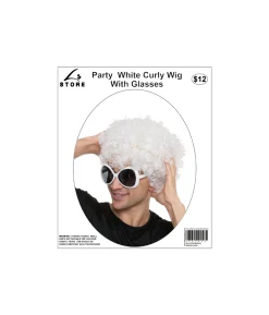 White Curly Wig With Glasses Party Set